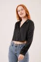 Saten Crop Model Siyah Gömlek