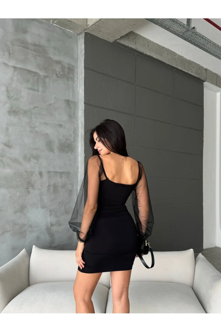 Kadın Sandy Kumaş Kolları Tül Detaylı Mini Boy Elbise