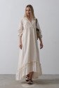 Çizgili Oversize V Yaka Elbise - Bej
