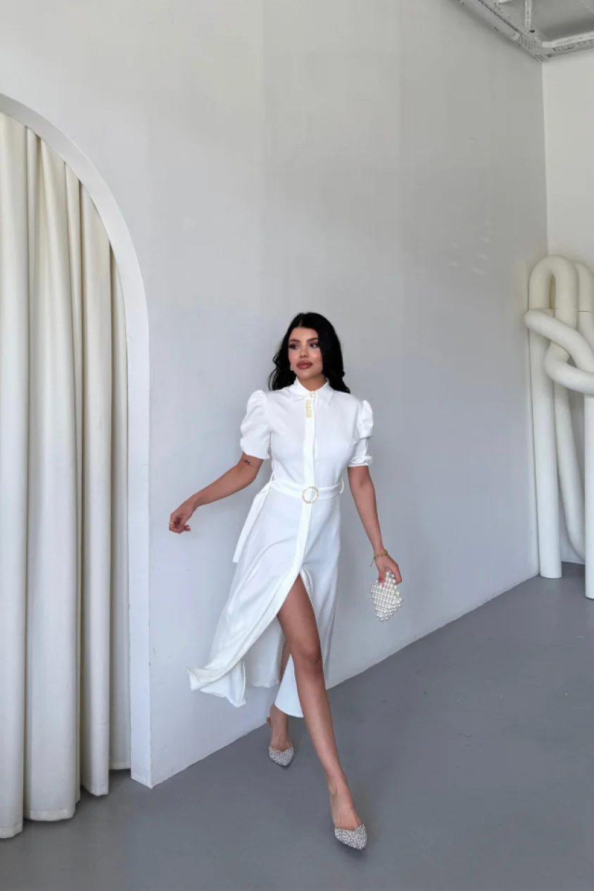 YAKA DÜĞME DETAYLI ELBİSE - Beyaz