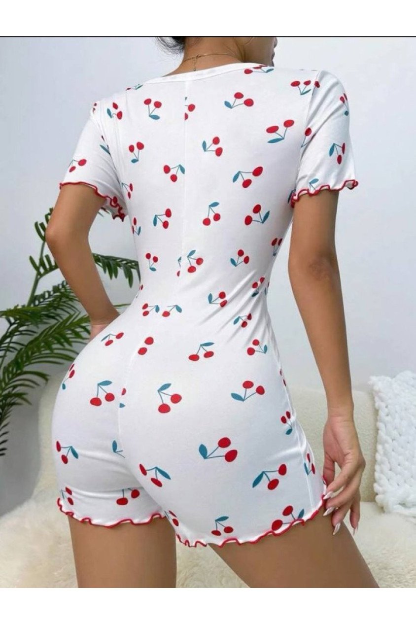Kadın Göğüs Dekolteli Pinterest Kiraz Desen Full Likralı şort Tulum