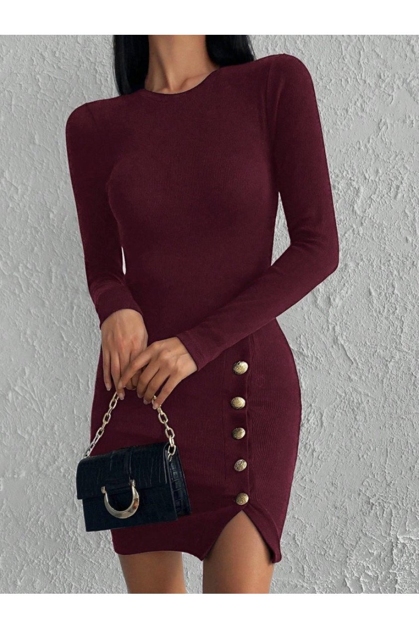 Kadın Bordo Uzun Kollu Bisiklet Yaka Yan Yırtmaç Düğme Detay Kısa Kaşkorse Elbise
