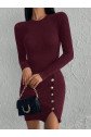 Kadın Bordo Uzun Kollu Bisiklet Yaka Yan Yırtmaç Düğme Detay Kısa Kaşkorse Elbise