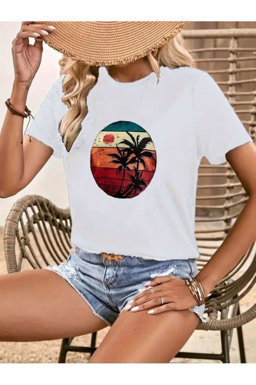 Kadın Kısa Kollu Palmiye Baskılı Viskon T-shirt