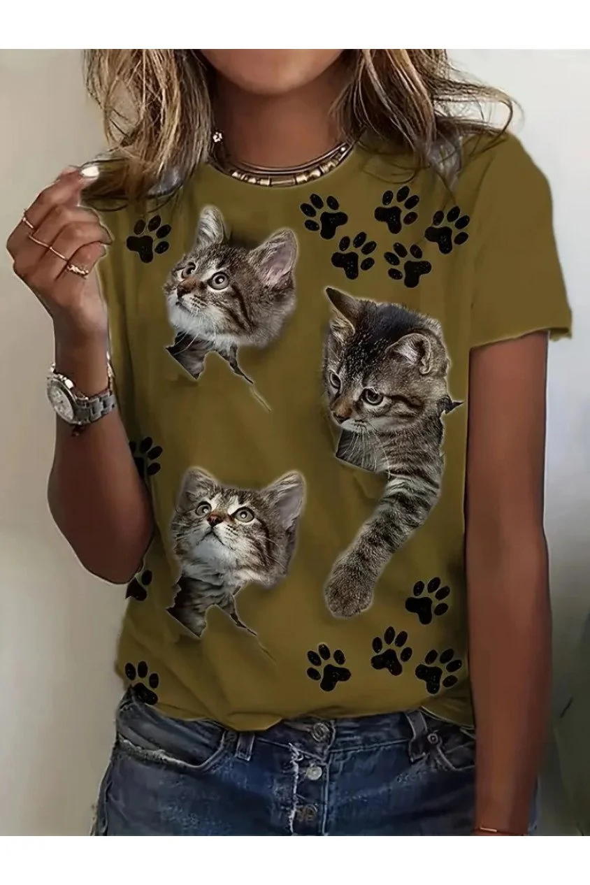 Kadın Kısa Kollu Kedi Ve Pati Baskılı Süprem T-shirt