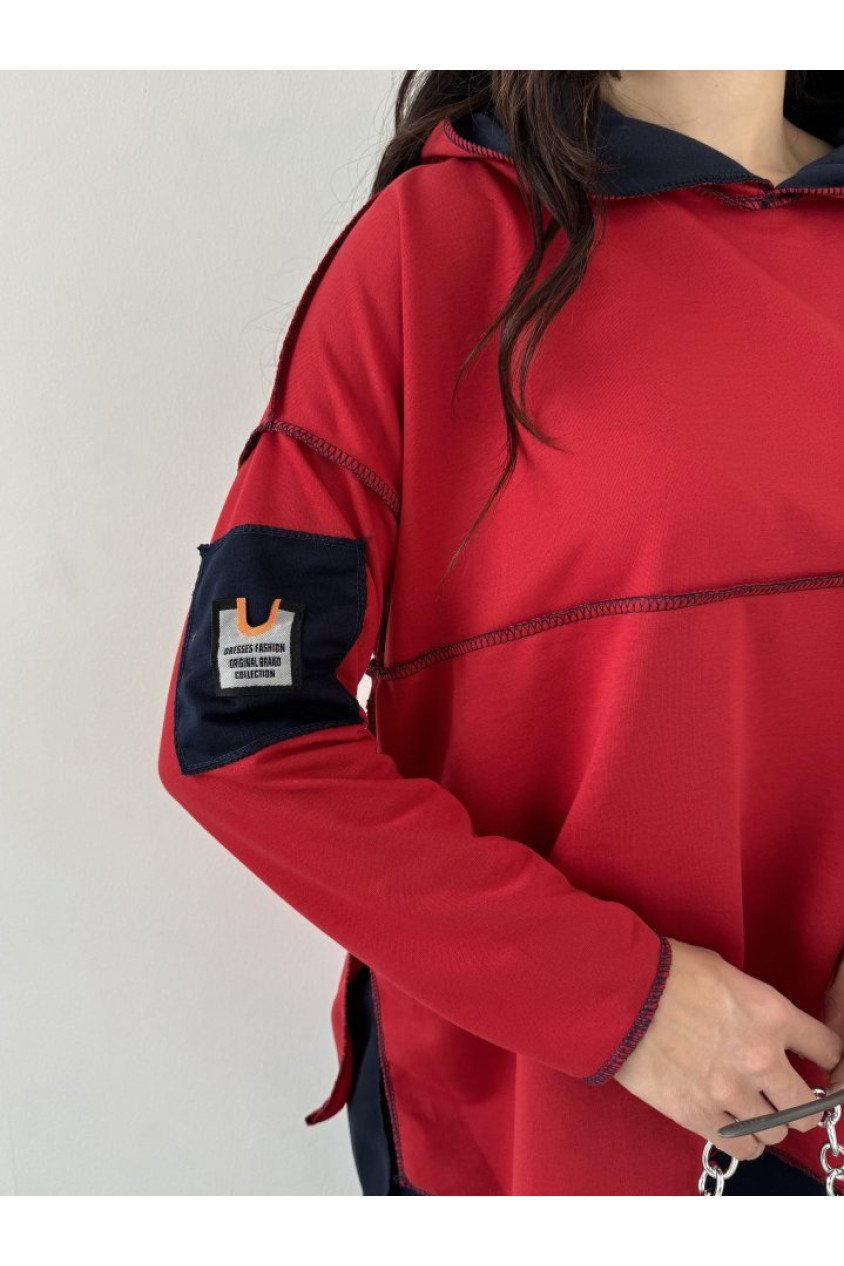 Kadın Kırmızı Kapşonlu Etek Ucu Detay Arma Ters Dikiş Gorunumlu Ikili Takım