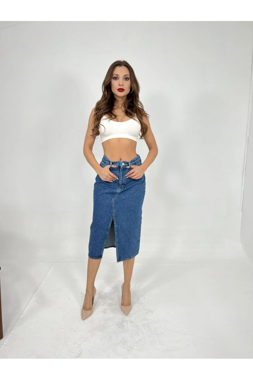 6478 DENİM MIDI SLIT SKIRT-MAVİ