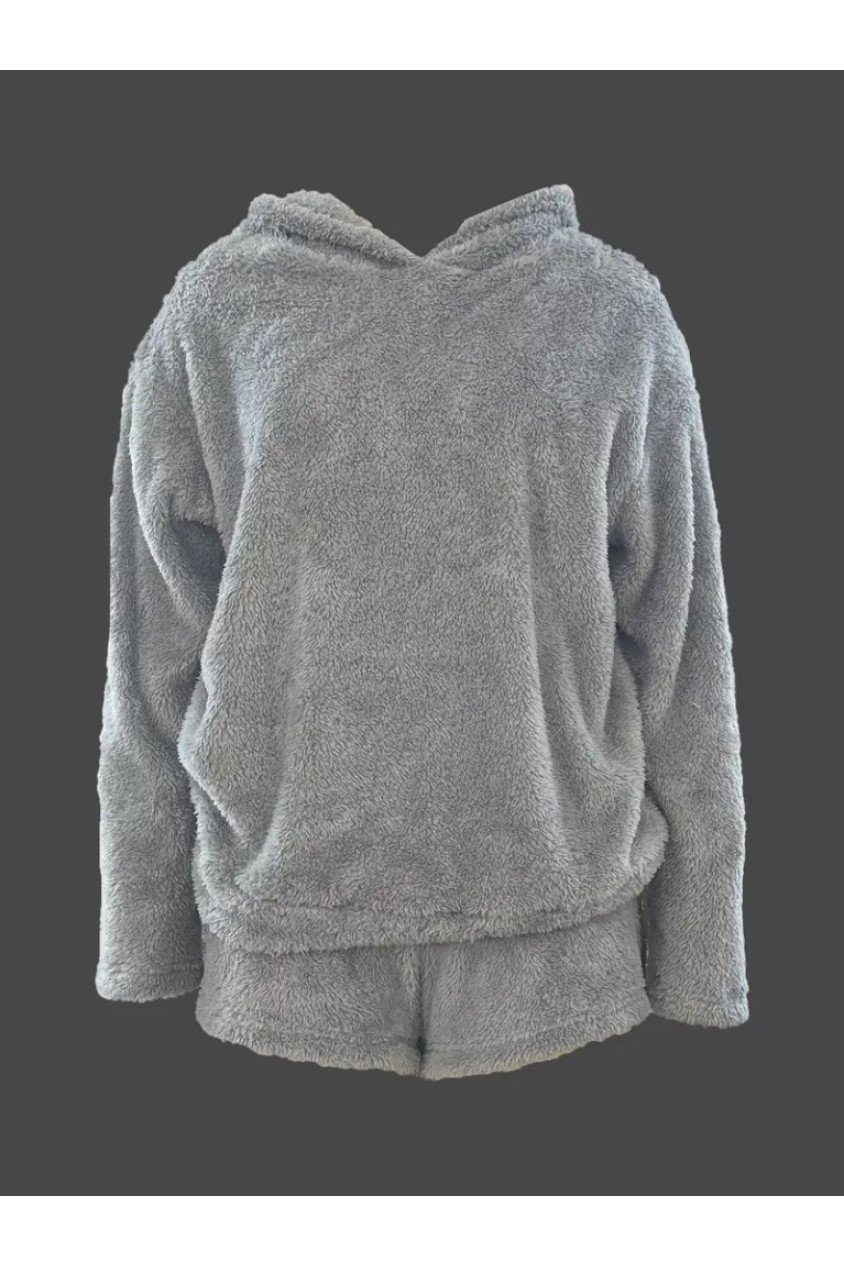 Kadın Uzun Kollu Meow Kedi Nakışlı Kapşonlu Peluş Sweat Ve Short Ikili Takım