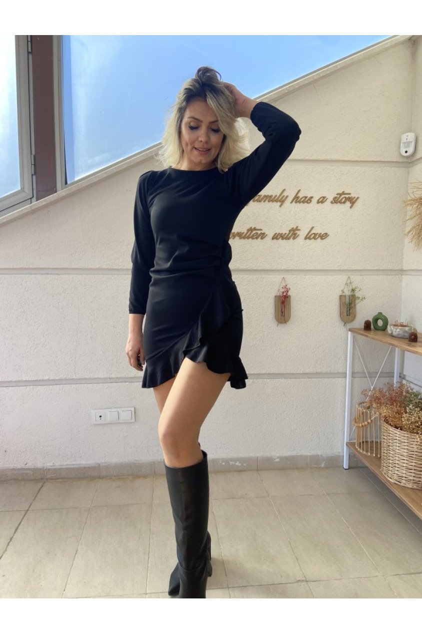 Kadın Uzun Kollu Bisiklet Yaka önden Volanlı Ithal Krep Elbise