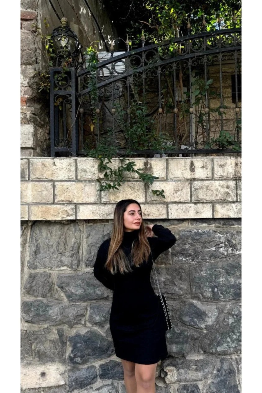 Kadın Uzun Kollu Balıkçı Yaka Kısa şardonlu Kaşkorse Elbise