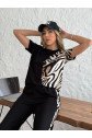 Kadın Bisiklet Yaka Kısa Kol Leopar Desen Bluz Ve Pantolon Ikili Takım