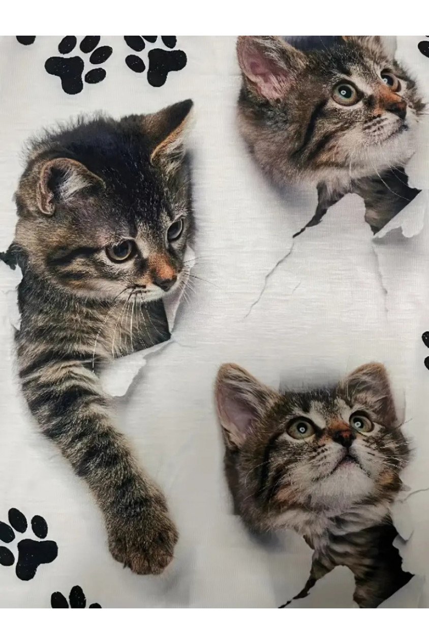 Kadın Kısa Kollu Kedi Ve Pati Baskılı Süprem T-shirt