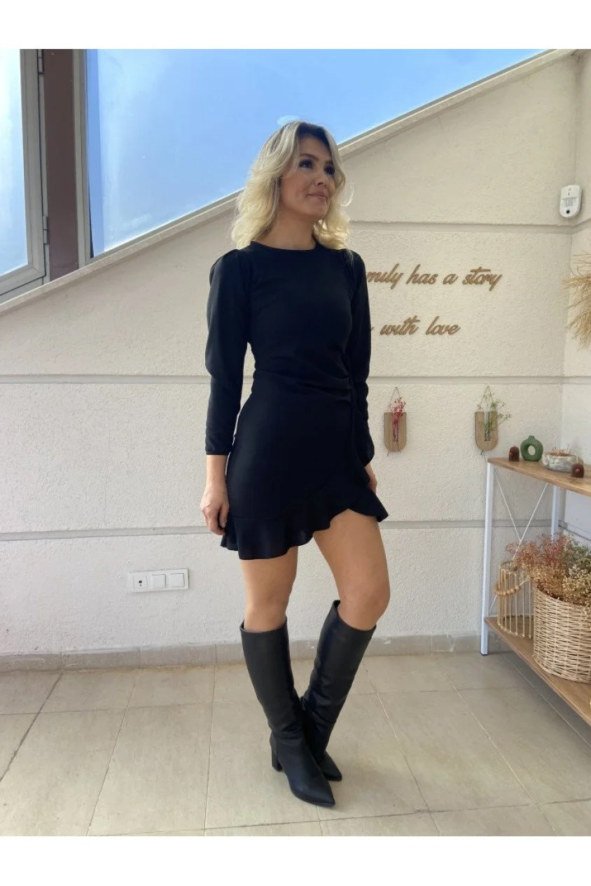 Kadın Uzun Kollu Bisiklet Yaka önden Volanlı Ithal Krep Elbise