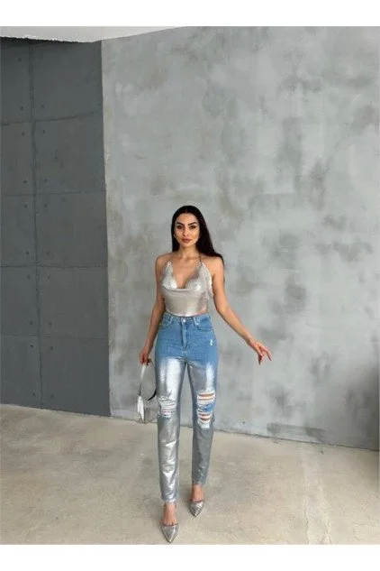 DİZ YIRTIK VARAKLI MOM KOT PANTOLON - Gümüş