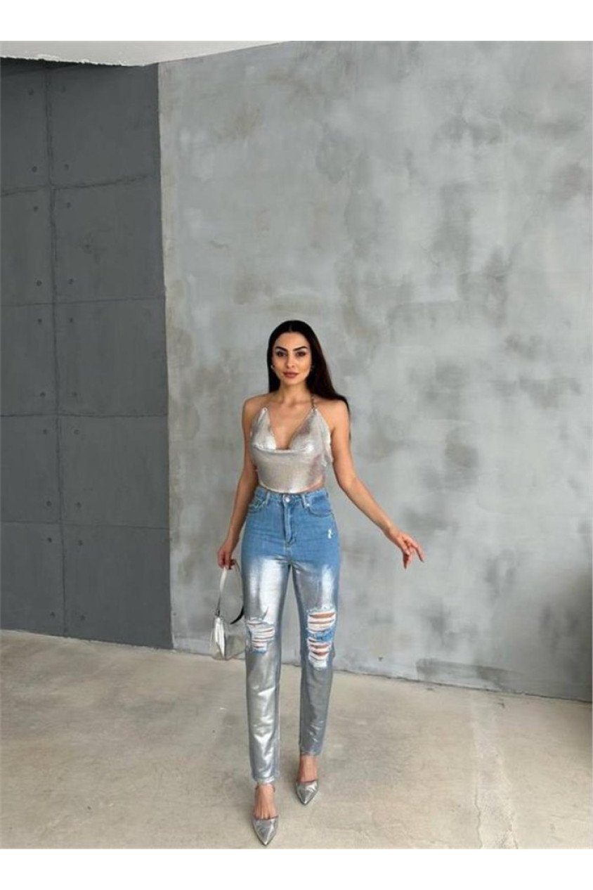 DİZ YIRTIK VARAKLI MOM KOT PANTOLON - Gümüş