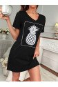 Kadın Ananas Baskılı Kısa Kol Viskon Elbise