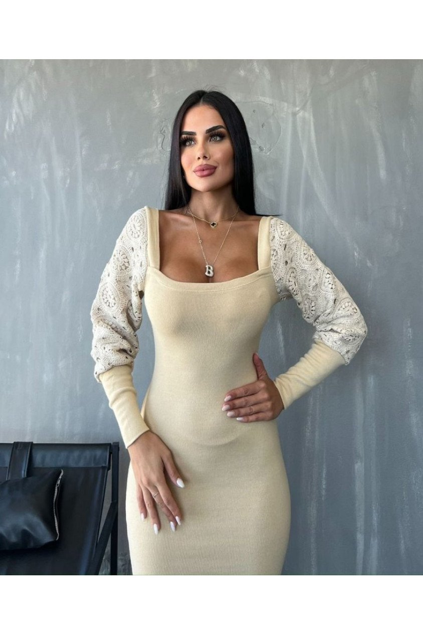 Kadın Kare Yaka Kolları Manşet Ve Tül Detay Fırsat ürün Midi Boy Elbise