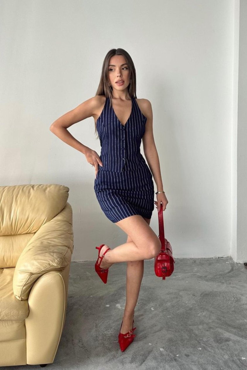 Lacivert Çizgili Yelek Ve Etek Takım