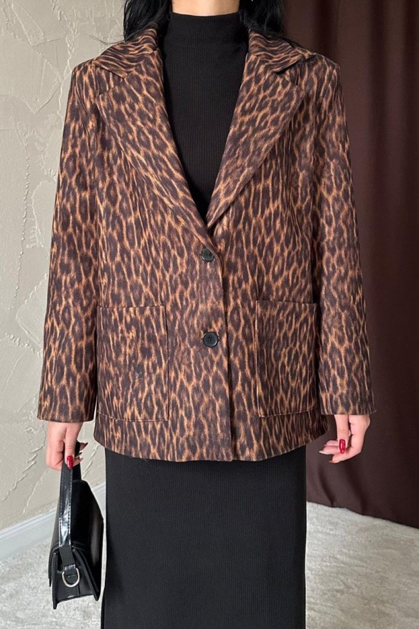 Leopar Yakası Kürk Garnili Desenli Ceket