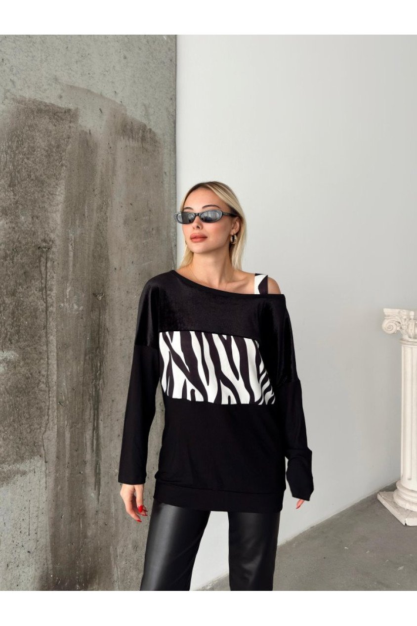 Kadın Kadife Kumaş Zebra Desenli Omuz Detay Uzun Kollu Bluz
