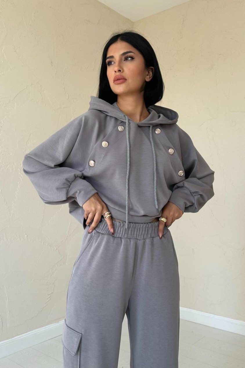 Füme Kapüşonlu Sweatshirt Ve Kargo Pantolon Takım