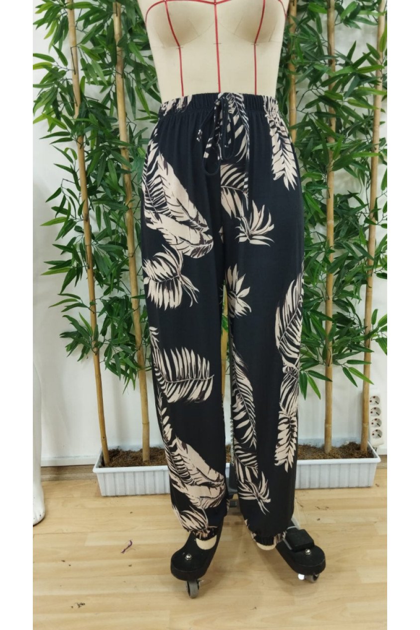Kadın Beli Ve Paçası Lastikli Yaprak Desen Süprem Kumaş Pantolon