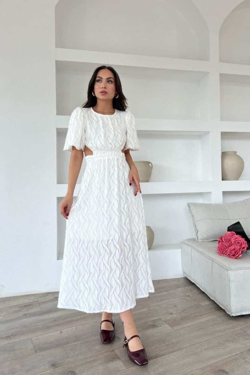 Beyaz Balon Kol Kuşaklı Elbise