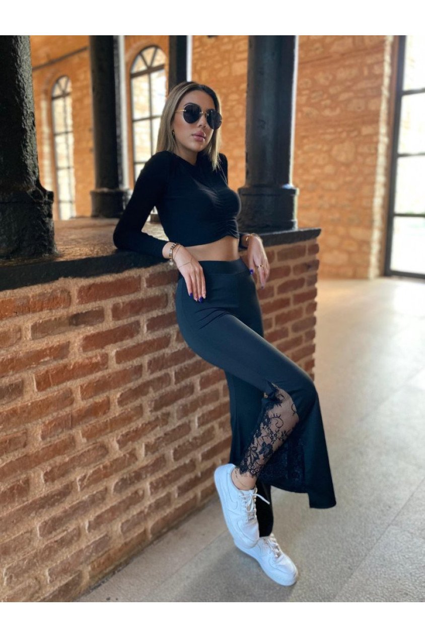 Kadın Dantel Eklemeli Ispanyol Paça Scuba Tayt Pantalon