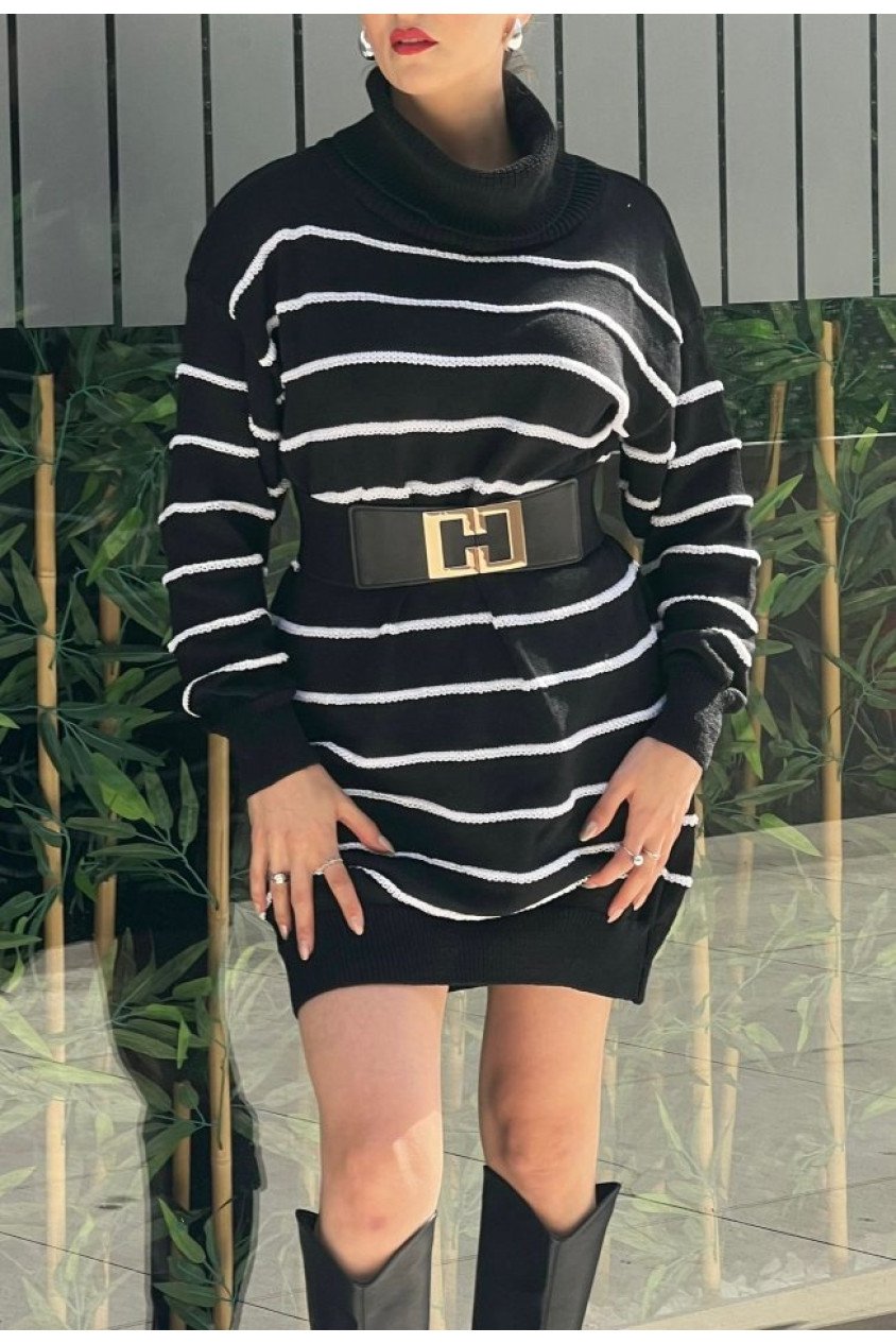 Kadın Uzun Kollu Degaje Yaka çizgili Sonya Iplik Mini Boy Triko Elbise (kemersiz)