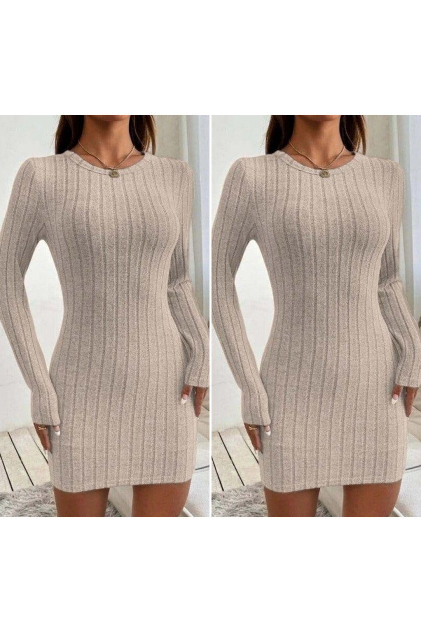 Kadın Uzun Kollu Bisiklet Yaka şardonlu Kalın Fitilli Kaşkorse Mini Boy Elbise