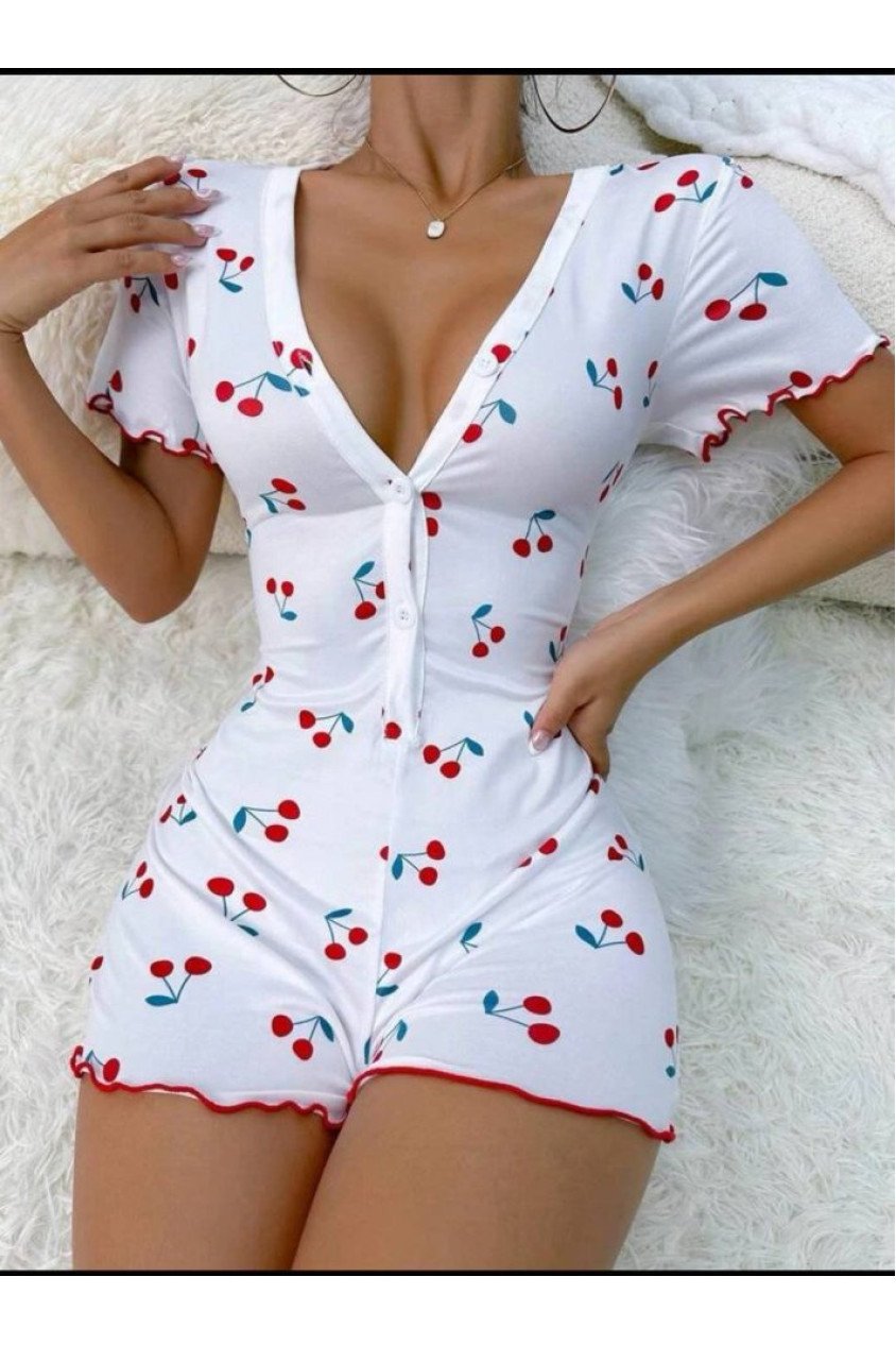 Kadın Göğüs Dekolteli Pinterest Kiraz Desen Full Likralı şort Tulum