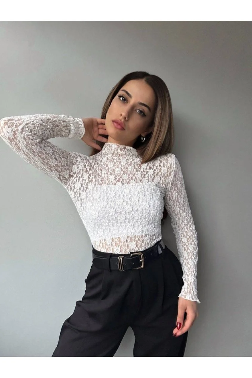 Kadın Likralı Dantel Transparan Uzun Kol Crop Bluz