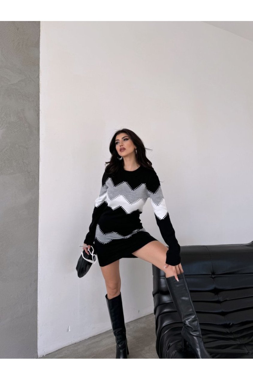 Kadın Uzun Kollu Zigzag Desen Triko Elbise