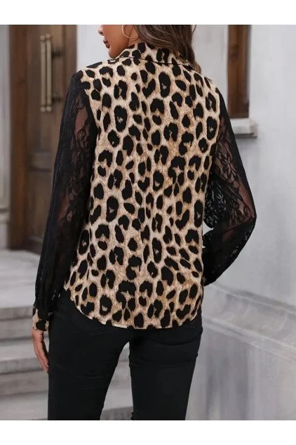 Kadın Leopar Desenli Kolları Tül Detaylı Krep Bluz