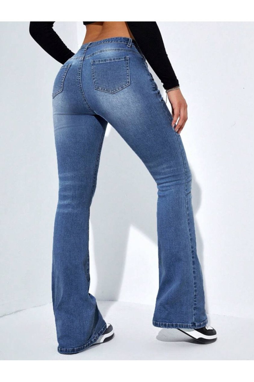 Kadın Yüksek Bel Cepli İspanyol Paçalı Kot Jeans Pantolon