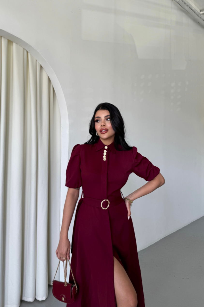 YAKA DÜĞME DETAYLI ELBİSE- Bordo