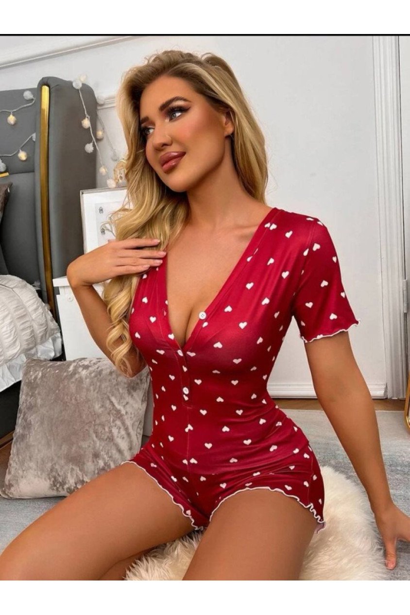 Kadın Göğüs Dekolteli Pinterest Kalp Desen Full Likralı şort Tulum