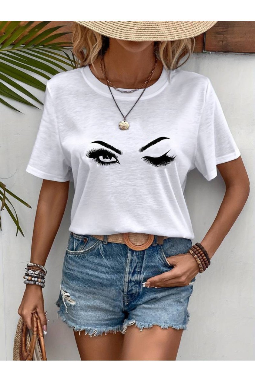 Kadın Kısa Kollu Bisiklet Yaka Göz Baskılı Süprem T-shirt