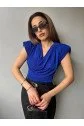Kadın V Yaka Vatka Detay Kolsuz Dökümlü Bluz