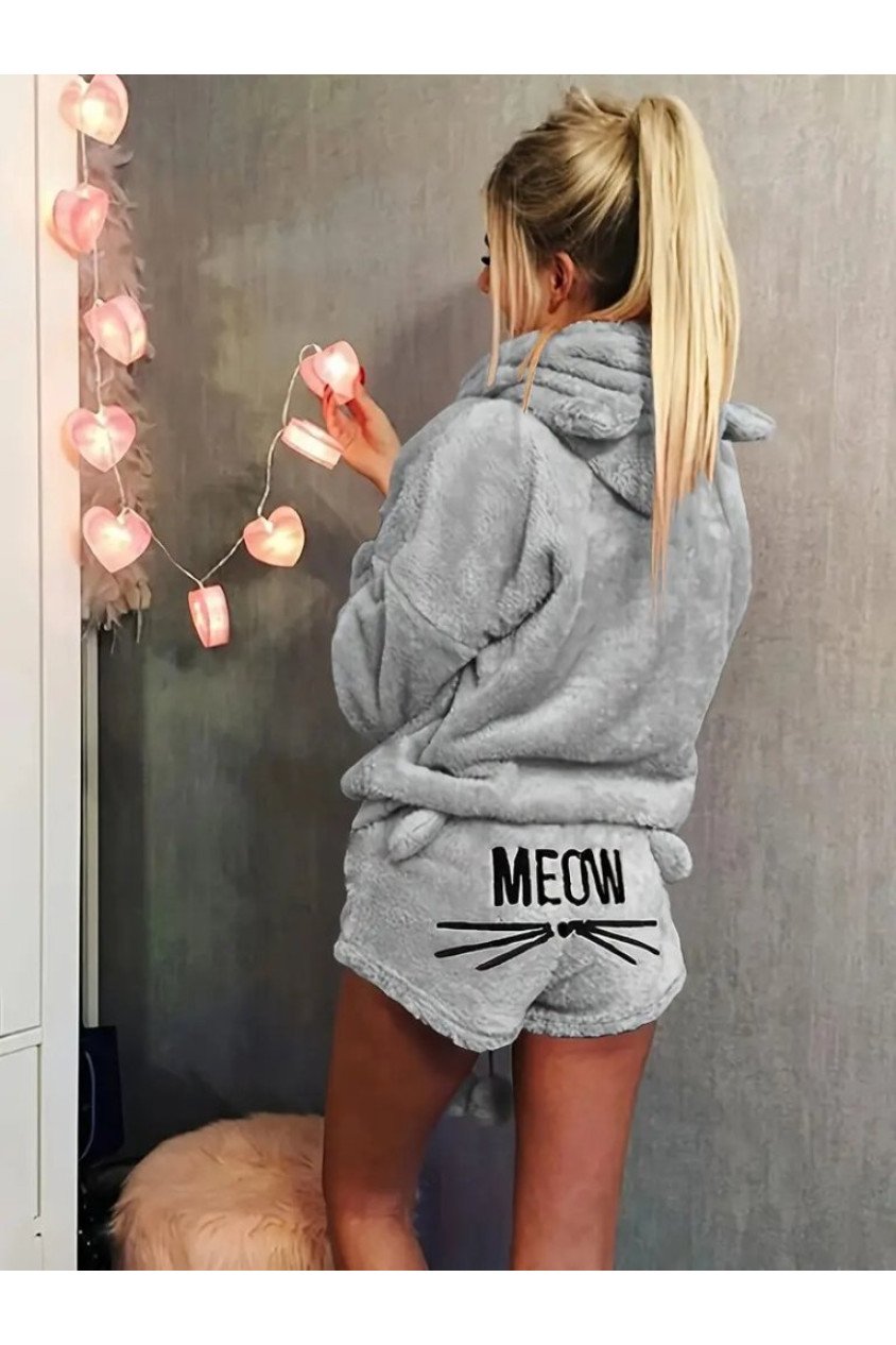 Kadın Uzun Kollu Meow Kedi Nakışlı Kapşonlu Peluş Sweat Ve Short Ikili Takım