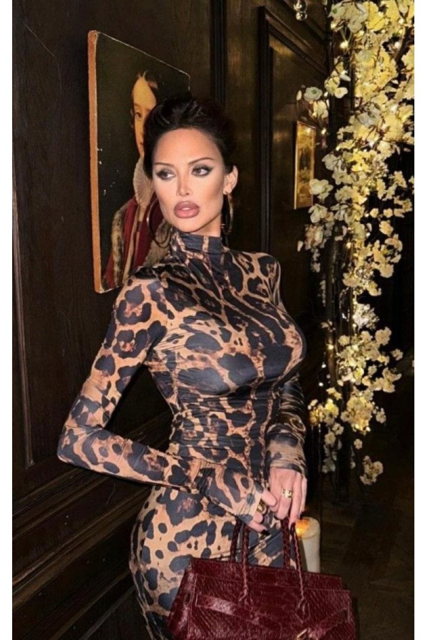 Kadın Yarım Balıkçı Yaka Uzun Kollu Leopar Baskılı Atlas Kumaş Maxi Boy Elbise