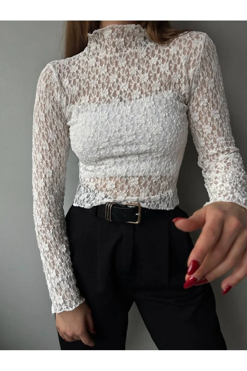 Kadın Likralı Dantel Transparan Uzun Kol Crop Bluz