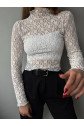 Kadın Likralı Dantel Transparan Uzun Kol Crop Bluz