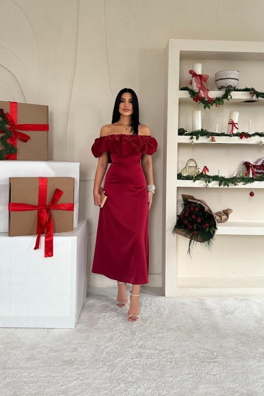 Bordo Omuz Büzgülü Saten Elbise