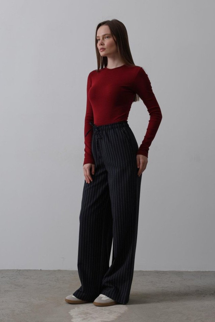 Beli Lastikli Bol Paça Pantolon - Lacivert-Beyaz