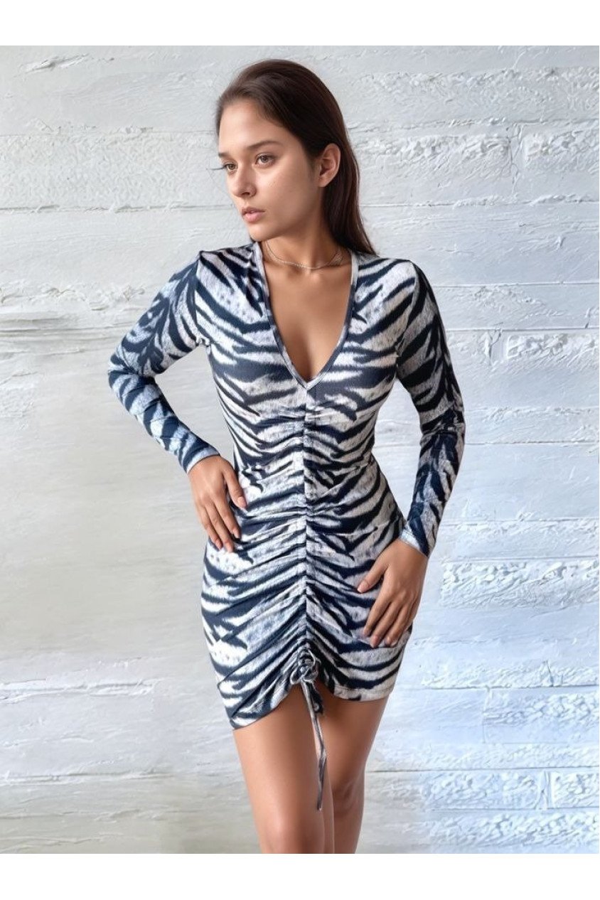 Kadın V Yaka önü Asansör Büzgü Detay Fırsat ürün Zebra Mini Elbise