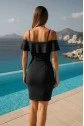 Kadın Dalgıç Krep Kumaş Carmen Yaka Askılı Mini Boy Elbise