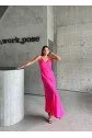 JAKARLI ASKILI SATEN ELBİSE ASİMETRİK - Pembe