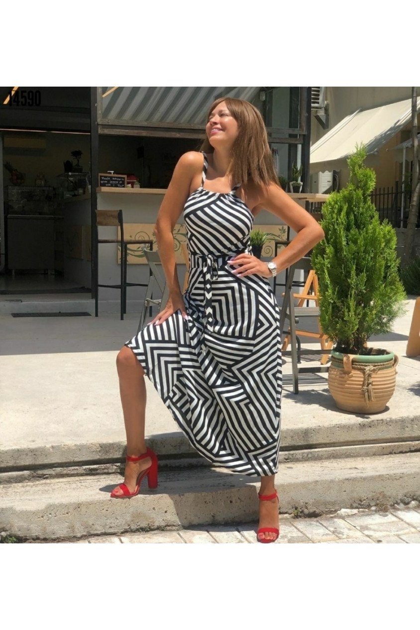 Kadın Ayarlanabilir Askılı Geometrik Desen Kuşaklı Gipeli Süprem Elbise