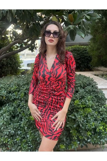 Kadın Uzun Kollu Kruvaze Yaka ön Kısım Büzgülü Zebra Desen Dalgıç Elbise